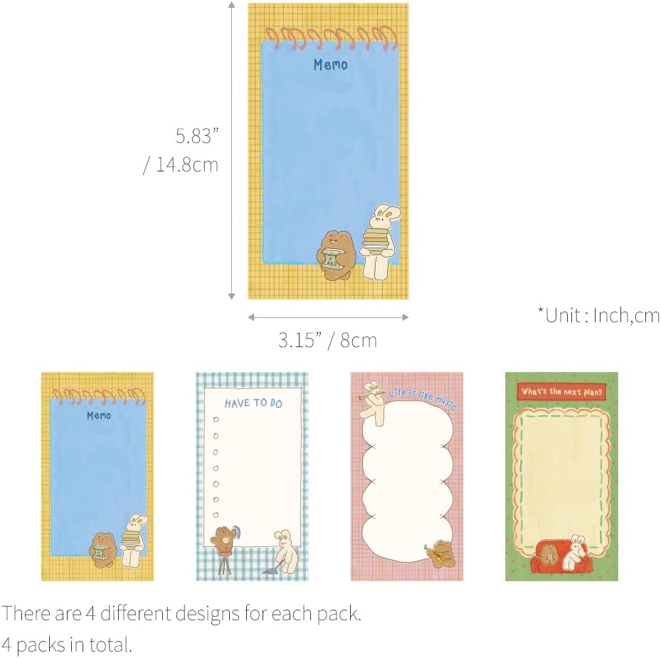Monolike Memopad Memories design B SET - 4 Packs, 4 Different Designs, 100 Sheets Per Pad, Total 400 Sheets, Note pads, Writing pads, 3.15 x 4.17 Inches