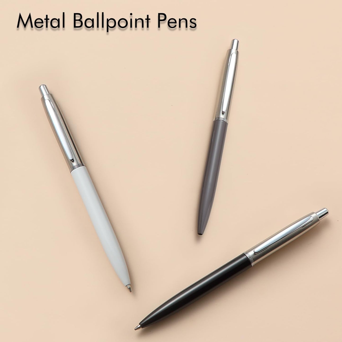 ChaoQ 3 Pcs Retractable Metal Ballpoint Pens, for Gift, Business, Office, 1.0mm Medium Point Black Ink, 6 Extras Replaceable Metal Refills - Stainess Steel