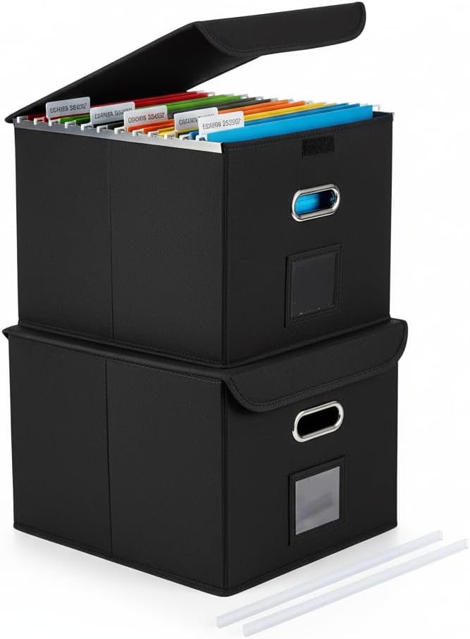 CADONO File Organizer Box with Lid, Large Hanging File Folder Organizer with Plastic Slide, Collapsible Portable Filing Storage Boxes for Office/Decor/Home (Black, 14.9 x 12.59 x 10.8 inch)