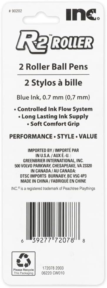 INC 0.7 mm R-2 Roller Ball Pen,Controlled Ink Flow System, Blue Ink, Comfort Grip, 2 pack