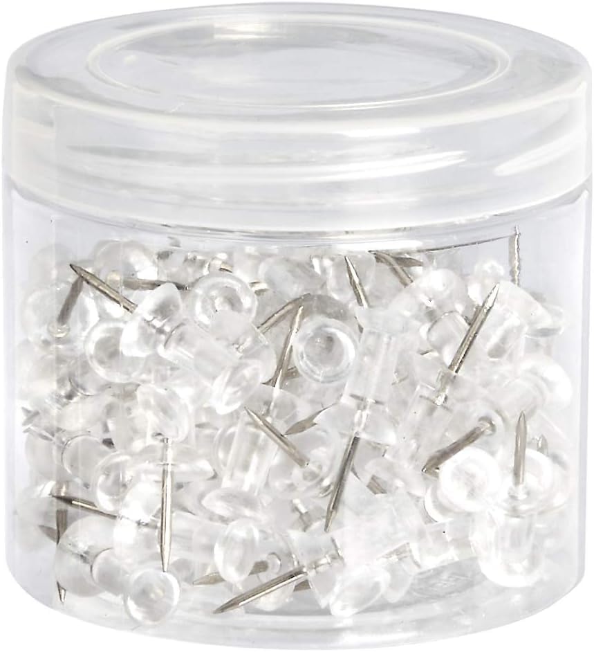 Amazon Basics Push Pins Tacks, Steel Point, Clear Plastic Head, for Cork Board, Bulletin Board, Maps, Photos, Posters, and Craft Projects, 200-Pack
