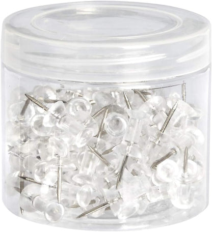 Amazon Basics Push Pins Tacks, Steel Point, Clear Plastic Head, for Cork Board, Bulletin Board, Maps, Photos, Posters, and Craft Projects, 200-Pack