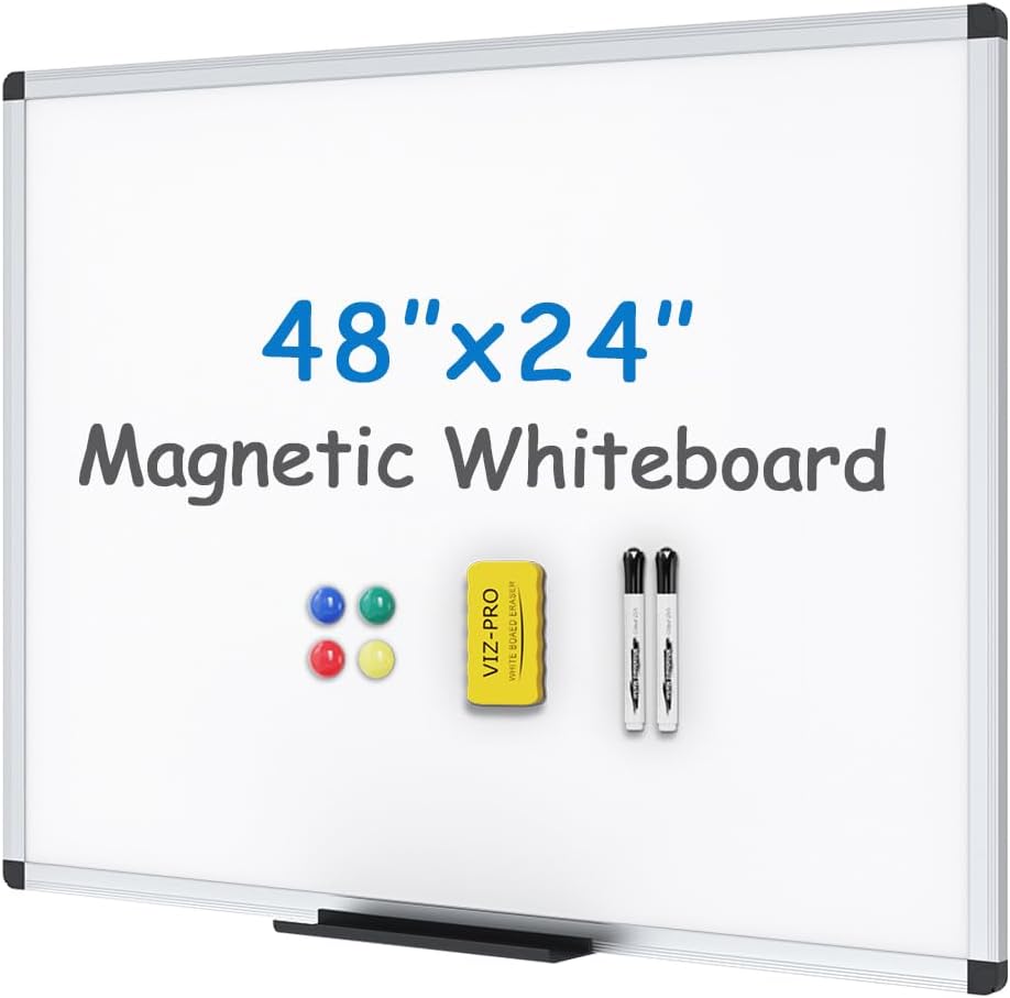 VIZ-PRO Magnetic Whiteboard/Dry Erase Board, 36 X 24 Inches, Includes 1 Eraser & 2 Markers & 4 Magnets