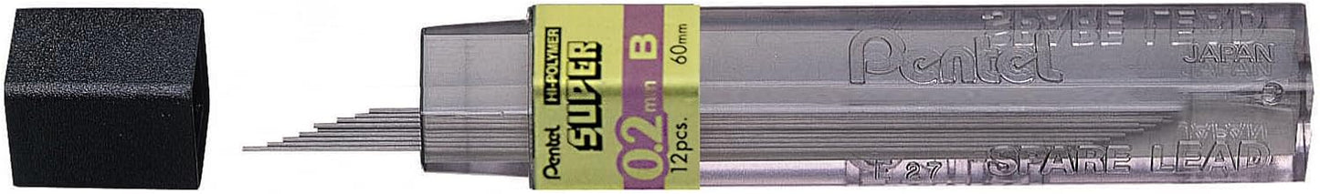 Pentel Super Hi-Polymer Lead Refill 0.2mm, Super Fine, B, 12 Pieces/Tube (C502-B)