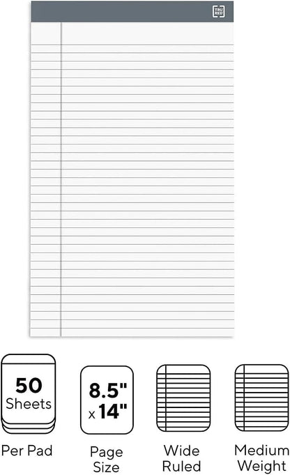 TRU RED Legal Pads, 8.5” x 14”, Wide Ruled, White, 50 Sheets/Pad, 12‑Pack