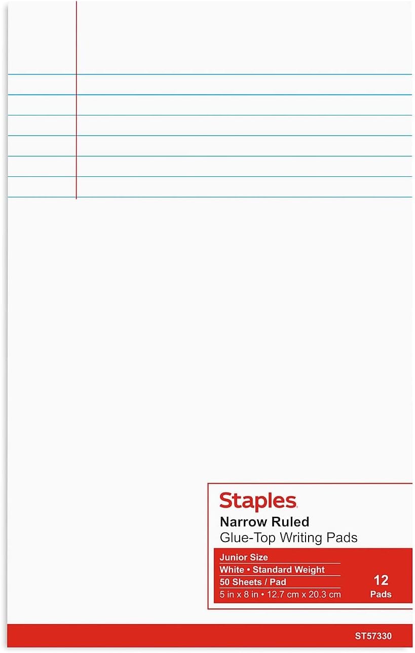STAPLES Notepads, 8.5” x 11”, Narrow Ruled, White, 50 Sheets/Pad, 12‑Pack