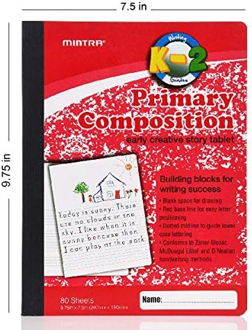 Mintra Primary Composition Notebook, 4 Pack, Assorted Colors 80 Sheets, 7.5in x 9.75in, 1/2 Sheet, Ruled with Drawing Area, Flexible Hardcover Journal, Grades K-2, School & Home Use