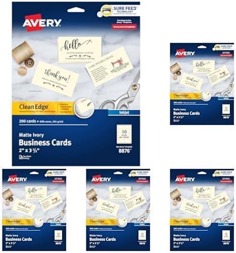 Avery Clean Edge Printable Business Cards with Sure Feed Technology, 2" x 3.5", Ivory, 200 Blank Cards for Inkjet Printers (08876)