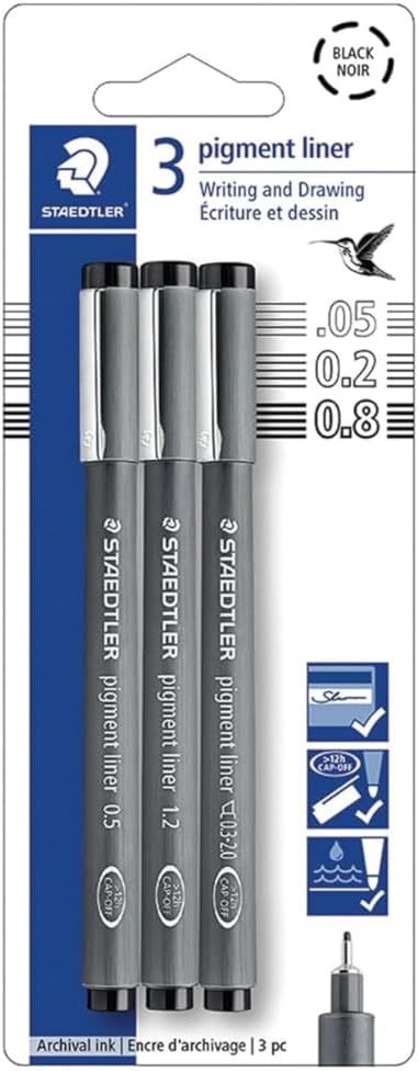 Staedtler Pigment Liner Pack, Black, 8 Pens, Assorted Line Widths, 0.05mm, 0.1mm, 0.2mm, 0.3mm, 0.5mm, 0.8mm, 1.0mm, 1.2mm