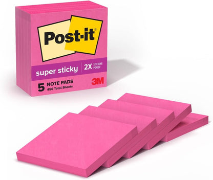 Post-it Super Sticky Notes, 5 Sticky Note Pads, 3 x 3 in., School Supplies, Office Products, for Vertical Surfaces, Monitors, Walls and Windows, First Snow White