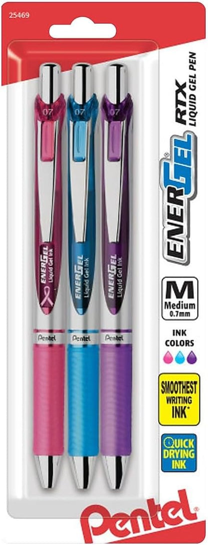 Pentel Pink BCA RTX Retractable Liquid Gel Pen, (0.7mm), Medium Line, Metal Tip, Violet Ink, Pack of 3 (BL77BP3V)