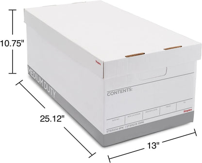 STAPLES Storage & Filing Box, Medium-Duty with Handles & Removeable Lid, Letter Size Documents, Stackable, 12-Pack, White/Gray