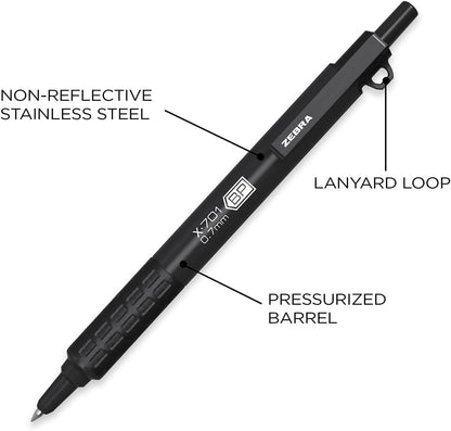 Zebra Pen, X-701 Tactical Ballpoint Pen, Writes in Extreme Conditions, Matte Black Stainless Steel, Refillable, Lanyard Loop, 0.7mm Black Ink, 1-Pack Plus 2 Bonus Refills, (29811)