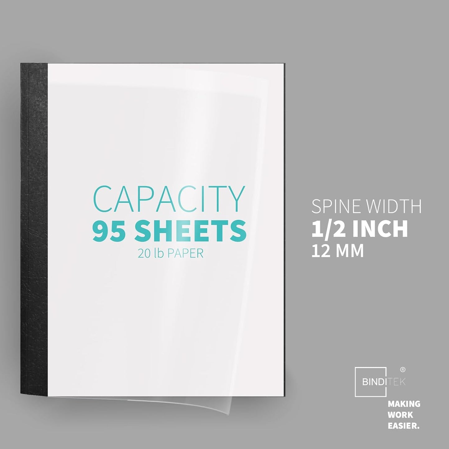 Binditek 20 Pack Thermal Binding Presentation Covers, 1/16 Inch Spine Holds 15 Sheets, Ultra Clear Front Cover, Black Paper Back Cover, Letter Size, for Students and Coworkers