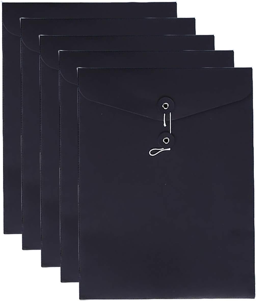 VANRA Kraft Paper A4/C4 File Folders Filing Envelope Folder Pack of 5, Filing Envelope Folder Jacket Document Letter Organizer with String Closure for School,Office (Black)