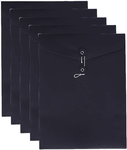 VANRA Kraft Paper A4/C4 File Folders Filing Envelope Folder Pack of 5, Filing Envelope Folder Jacket Document Letter Organizer with String Closure for School,Office (Black)