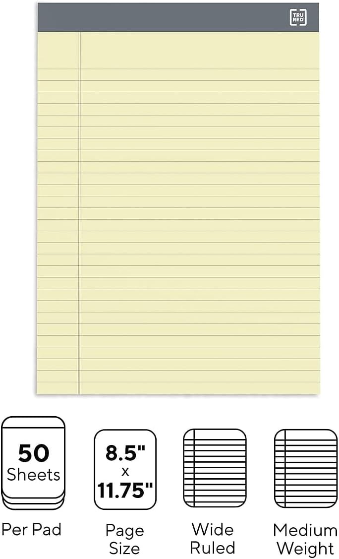 TRU RED Notepads, 8.5” x 11.75”, Wide Ruled, Canary, 50 Sheets/Pad, 12‑Pack