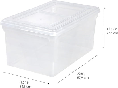 IRIS USA File Box, File Organizer w/Hinged Split Lid for Letter File, Important Document Box, Plastic Storage Filing Bin for Moving, Stackable Nestable Portable, Pearl 44 Qt. 4 Pack