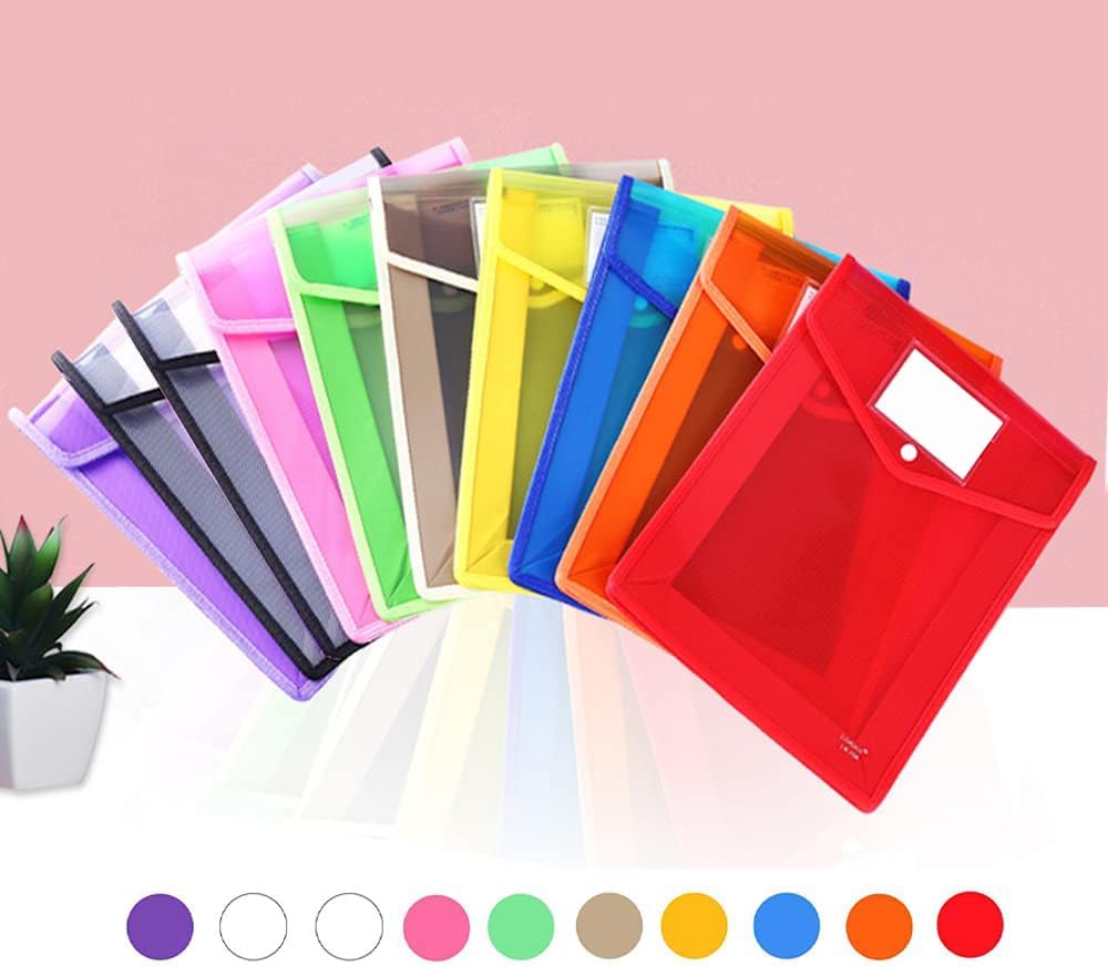 Plastic File Folder, 9 Pcs Large-Capacity Poly Envelope Expanding Wallet Document Folder Letter Size A4 Accordion File Pouch with Label Pocket, Snap Button for School Home Work Office Organization