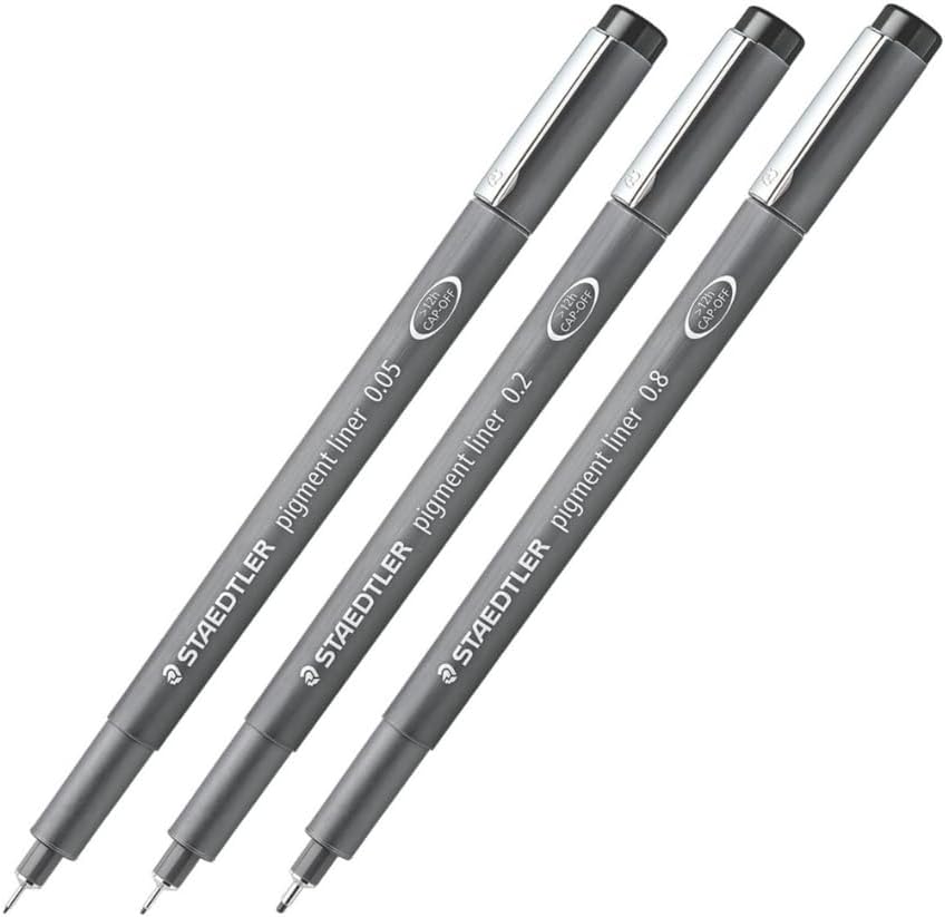 Staedtler Pigment Liner Pack, Black, 8 Pens, Assorted Line Widths, 0.05mm, 0.1mm, 0.2mm, 0.3mm, 0.5mm, 0.8mm, 1.0mm, 1.2mm