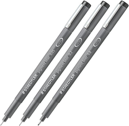 Staedtler Pigment Liner Pack, Black, 8 Pens, Assorted Line Widths, 0.05mm, 0.1mm, 0.2mm, 0.3mm, 0.5mm, 0.8mm, 1.0mm, 1.2mm