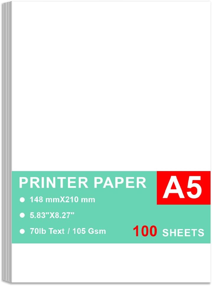 A5 Printer Paper - 100 Sheets, A5 Premium Bright White Paper, 28lb Bond / 70lb Text (105 gsm) Bright White Paper – Great for Copy, Printing, Writing, 5.83" x 8.27" (148 x 210 mm)