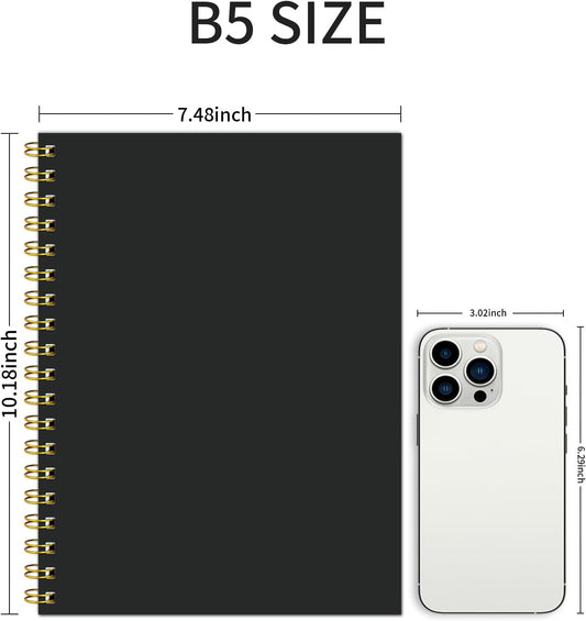 Lined Spiral Notebook B5 Black Journal 7.48'' X 10.18''-4 Pack 7mm College Ruled Hardcover Notebooks 160 Pages 100GSM Thick Paper for Note Taking School Office Supplies