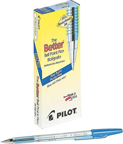 PILOT The Better Ball Point Pen Refillable Ballpoint Stick Pens, Fine Point, Blue Ink, 12-Pack (36011), Dozen Box (0.7mm - Fine)