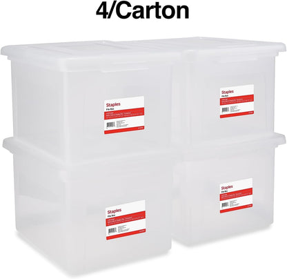 STAPLES File Folder Tote, Portable Filing Box for Letter SIze Hanging Folders, Security Latch & Built-In Lid Organizer, Black/Clear