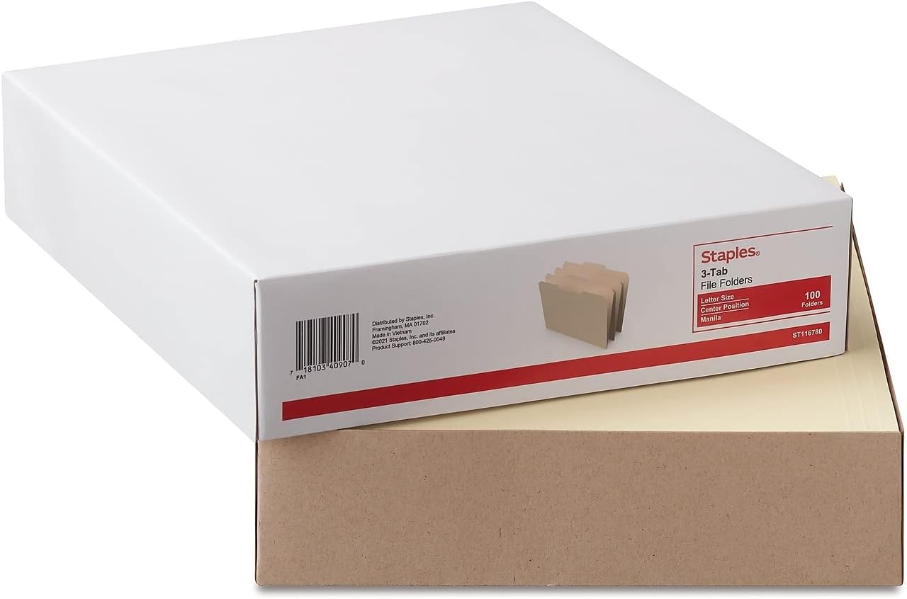 Staples 1/3‑Cut File Folders, Letter Size, Center Tab Position, Manila, Durable Paper Stock, 100/Box