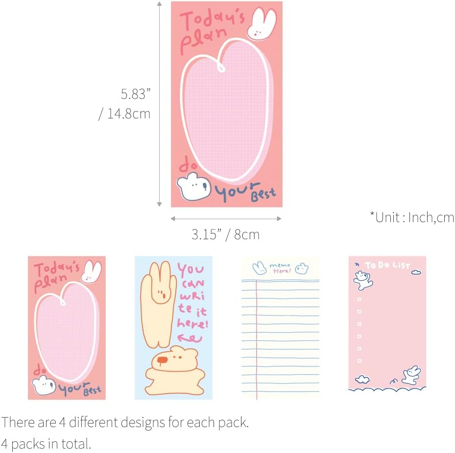 Monolike Memopad Memories design B SET - 4 Packs, 4 Different Designs, 100 Sheets Per Pad, Total 400 Sheets, Note pads, Writing pads, 3.15 x 4.17 Inches