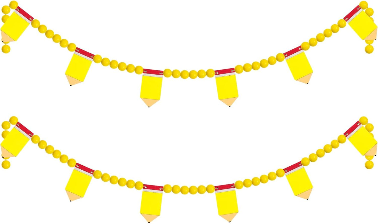 8.2 Ft Pencil Wooden Garland Graduation Yellow Pencil Banners with Cute Beads Hanging Ornaments for Kindergarten Classroom Office Home First Day of School Party Decor