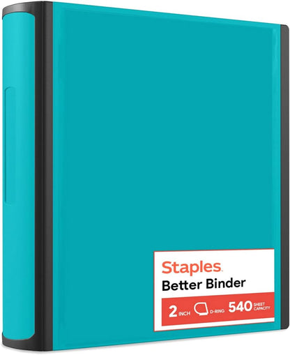 Staples Better Binder 2-Inch D-Ring View Binder, Reinforced Spine, Holds Up to 540 Sheets, Teal, for Office & School