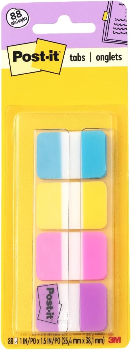 Post-it Sticky Tabs, 1 in. x 1.5 in., 4 Pads of Book Tabs in Assorted Bright Colors for Bookmarking, Annotating, Reading, and Reminders, Blue, Yellow, Pink, and Purple Colors (88 Total Count)