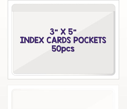 Clear Adhesive 3" x 5" Index Card Pockets With Top Open Loading, 50 Pack, Plastic Labels Holders for Storage Bins and Library, Ideal for Organizing and Protecting Your Cards