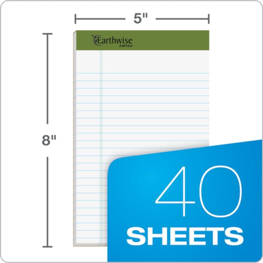 Ampad 40112R EnviroTec 100% Recycled Perforated Pad, 5x8, 20 Pound Paper, White, Jr. Legal, 40 Sheets Per Pad, 6 Pads