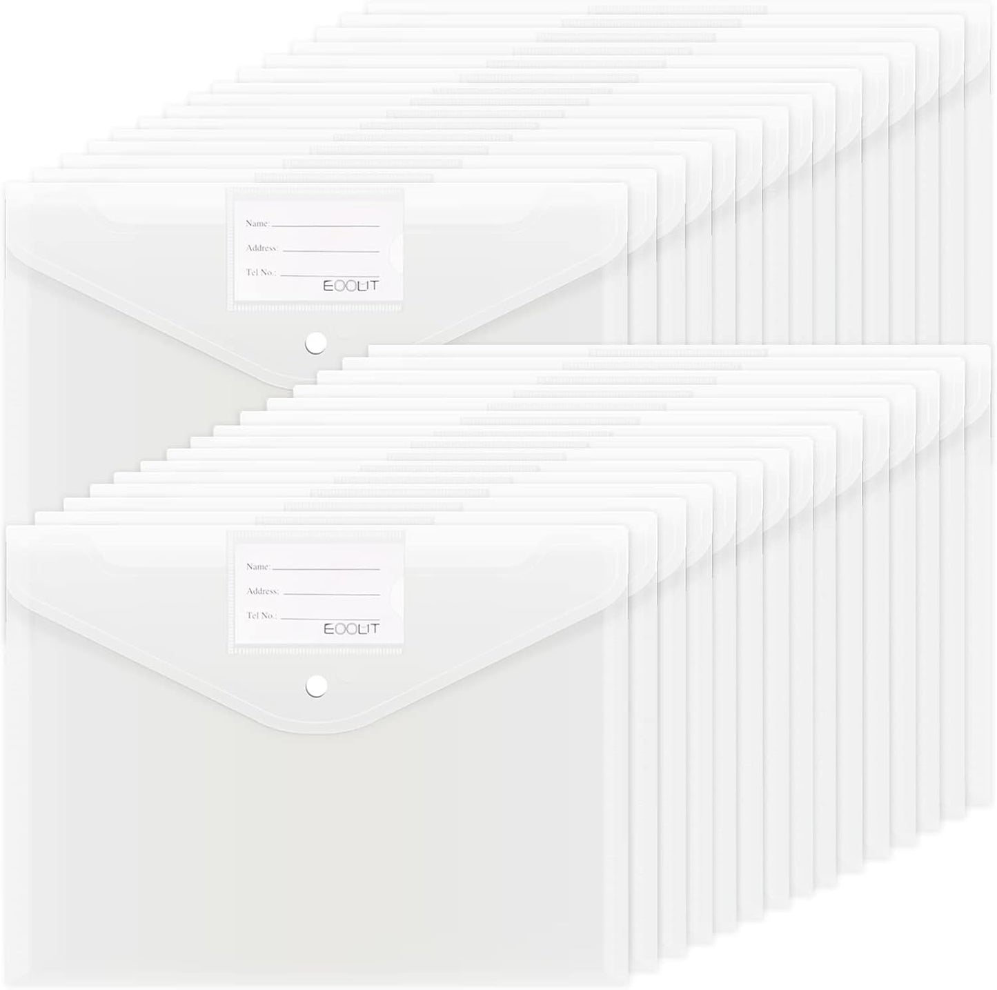 EOOUT 50pcs Plastic Envelopes with Button Snap Closure, Clear Poly Folders for Documents, Waterproof Plastic File Folder, Letter Size, A4 Size, for School and Office Supplies