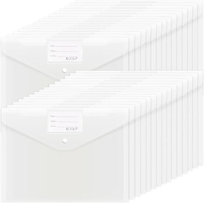 EOOUT 50pcs Plastic Envelopes with Button Snap Closure, Clear Poly Folders for Documents, Waterproof Plastic File Folder, Letter Size, A4 Size, for School and Office Supplies