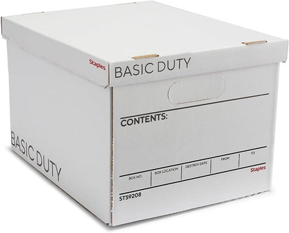 STAPLES Corrugated File Box Lift Off Lid, Letter/Legal Size, White/Black, 10/Pack