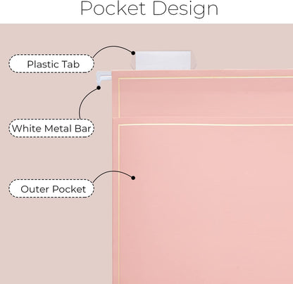 Y YOMA 6 Pack Rose Gold Hanging File Folders with Pocket Letter Size Decorative File Folder Cute Pretty Hanging Folder for Office Home School with 1/5-Cut Adjustable Tabs, Inner Storage Pockets
