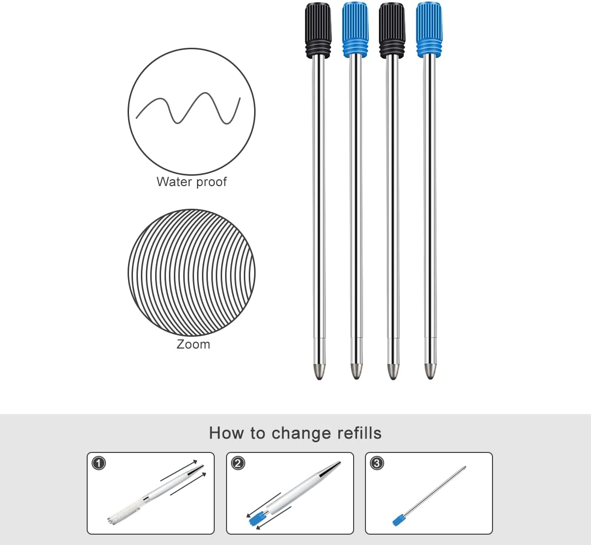 Ballpoint Pen Refills Pack of 20, Smooth Writing 2.75 Inch and 1.0 mm Medium Point Metal Refill, Replaceable Ink Pen Refill for Diamond Crystal Stylus Pens and Ballpoint Pens (Black and Blue)