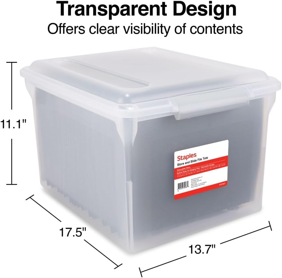 STAPLES Plastic File Box with Snap Lid, Letter/Legal Size, Clear, 4/Carton