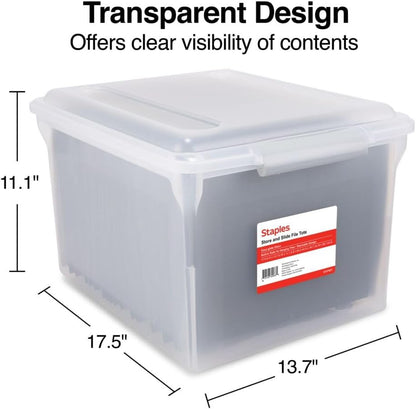 STAPLES Plastic File Box with Snap Lid, Letter/Legal Size, Clear, 4/Carton