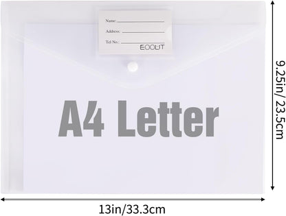 EOOUT 50pcs Plastic Envelopes with Button Snap Closure, Clear Poly Folders for Documents, Waterproof Plastic File Folder, Letter Size, A4 Size, for School and Office Supplies