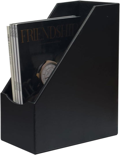 UnionBasic Magazine File Holder, Leatherette Desktop Document Organizer, Home Office Paper Holder File Storage Literature Sorter, Grey