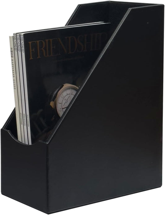 UnionBasic Magazine File Holder, Leatherette Desktop Document Organizer, Home Office Paper Holder File Storage Literature Sorter, Grey