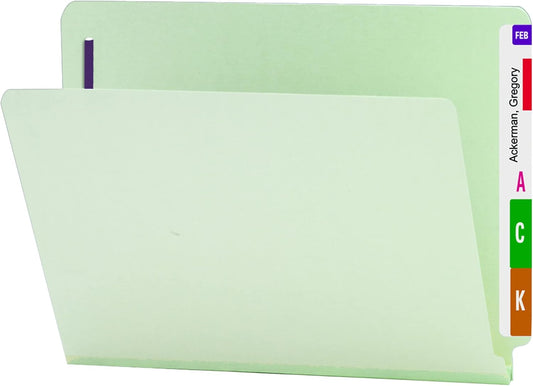 Smead End Tab Pressboard Fastener File Folder with SafeSHIELD Fasteners, 2 Fasteners, 1" Expansion, Letter Size, Gray/Green, 25 per Box (34705)
