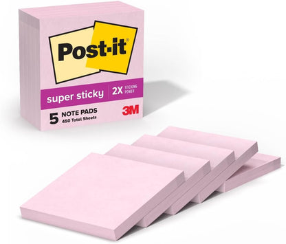 Post-it Super Sticky Notes, 5 Sticky Note Pads, 3 x 3 in., School Supplies, Office Products, for Vertical Surfaces, Monitors, Walls and Windows, First Snow White