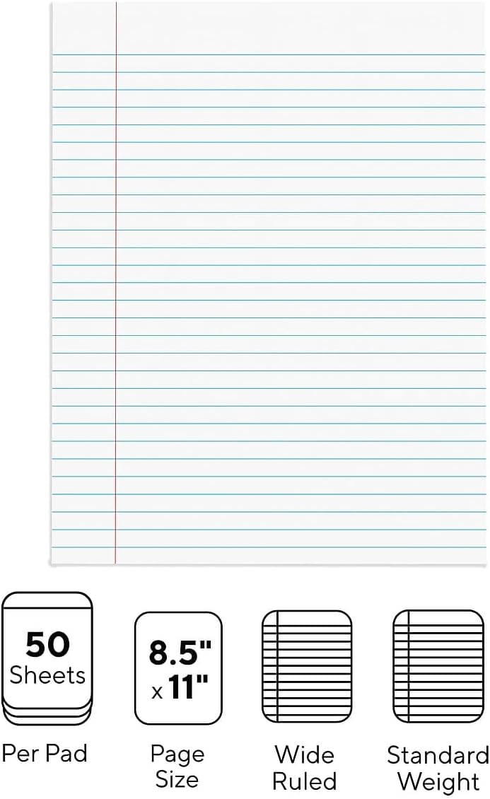 STAPLES Notepads, 8.5” x 11”, Wide Ruled, White, 50 Sheets/Pad, 12‑Pack