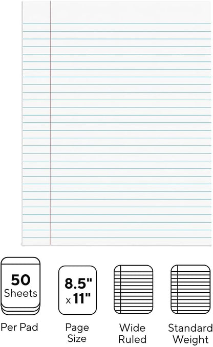 STAPLES Notepads, 8.5” x 11”, Wide Ruled, White, 50 Sheets/Pad, 12‑Pack